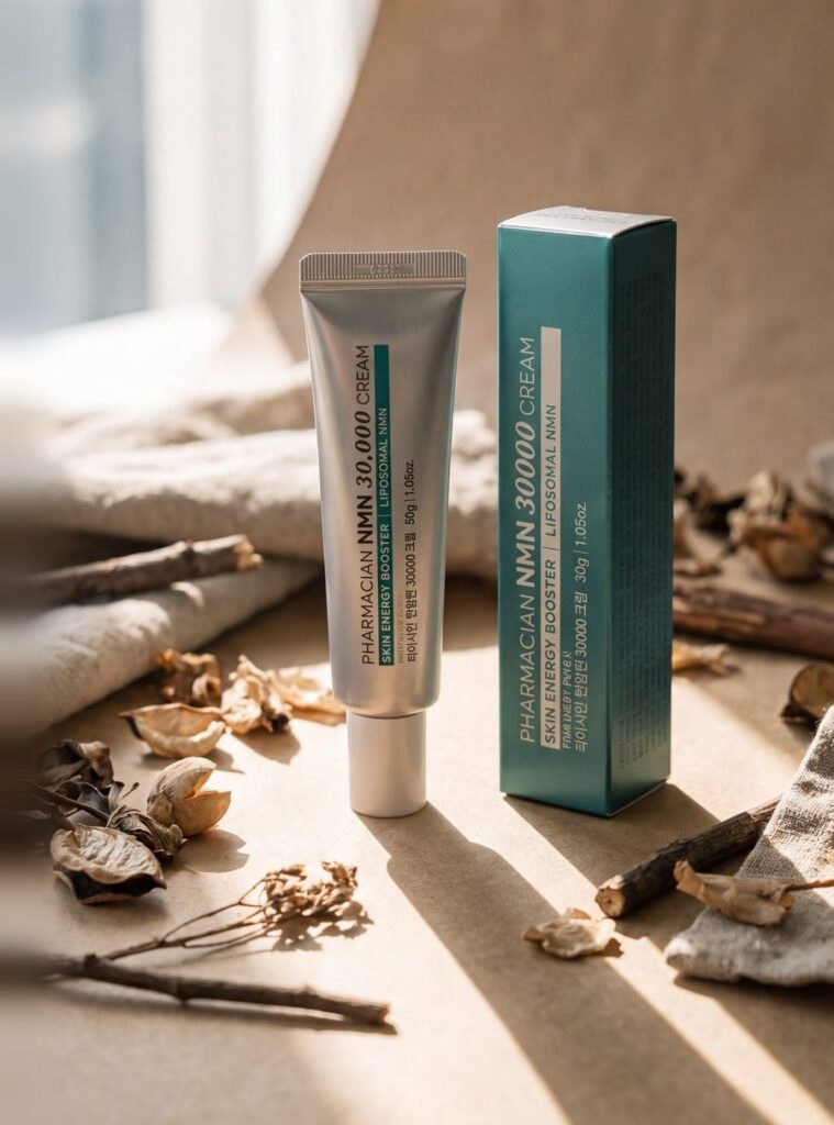 Pharmacian NMN30000 cream tube and box on linen